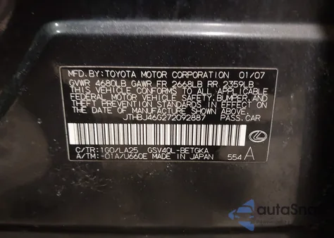 2007 Lexus Es 350 from USA, damaged, VIN JTHBJ46G272092887